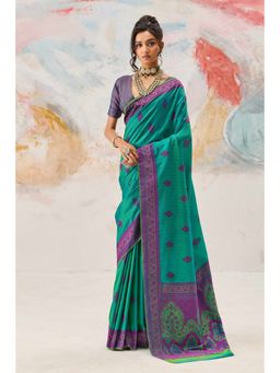 Mysilklove - Myrtle Green Tanchoi Kanjivaram Saree With Unstitched Blouse