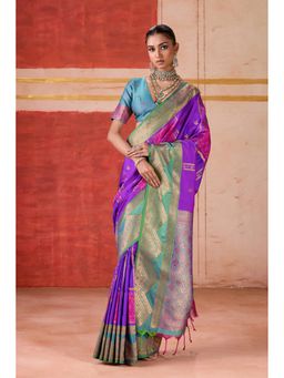 Mysilklove - Scarlet Purple Banarasi Handloom Saree With Unstitched Blouse