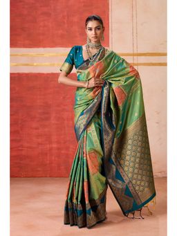 Mysilklove - Cadmium Green Banarasi Handloom Saree With Unstitched Blouse