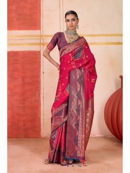 Mysilklove - French Rose Pink Banarasi Handloom Saree With Unstitched Blouse