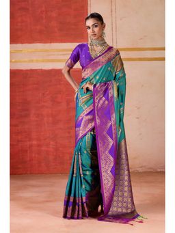 Mysilklove - Argentinian Blue Banarasi Handloom Saree With Unstitched Blouse