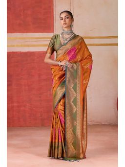 Mysilklove - Butterscotch Orange Banarasi Handloom Saree With Unstitched Blouse