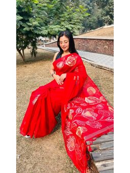Mysilklove - Fire Red Munga Handloom Cotton Saree With Unstitched Blouse