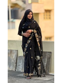 Mysilklove - Black Floral Linen Silk Saree With Unstitched Blouse