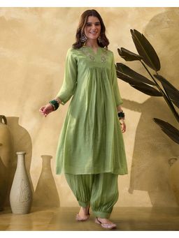 KVS FAB - Pista Green Sequence Embroidered Kurta With Salwar