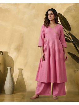 KVS FAB - Pink Silk Blend Lace Embroidered Angarakha Kurta With Palazzo