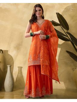 KVS FAB - Orange Zari Embroidered Kurta With Sharara And Dupatta