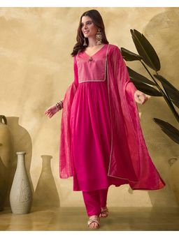KVS FAB - Magenta Woven Anarkali Kurta With Pant And Dupatta