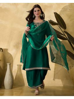KVS FAB - Green Zari Embroidered Kurta With Palazzo And Dupatta