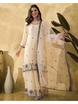 KVS FAB - Off White Thread Embroidered Kurta With Sharara And Dupatta