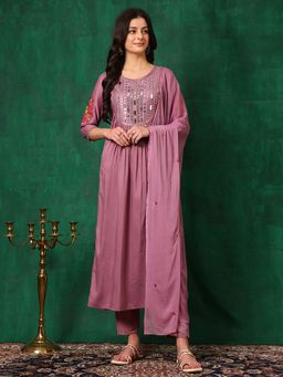 BERRYLICIOUS - Mauve Mirror Embroidered Kurta with Pant and Dupatta