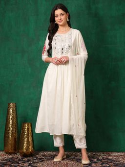 BERRYLICIOUS - White Mirror Embroidered Kurta with Pant and Dupatta