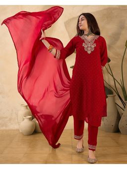 KVS FAB - Red Georgette Zari Embroidered Kurta With Pant And Dupatta