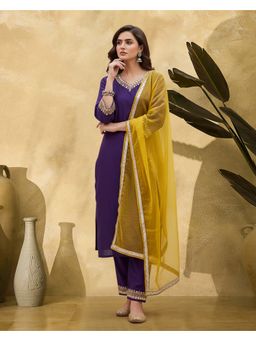 KVS FAB - Purple Sequence Embroidered Kurta With Pant And Dupatta