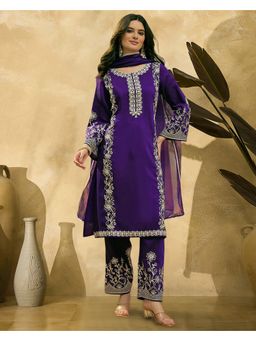 KVS FAB - Purple Silk Blend Chain Embroidered Kurta With Pant And Dupatta