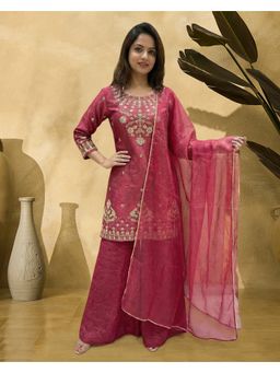 KVS FAB - Pink Silk Blend Zari Embroidered Kurta With Palazzo And Dupatta