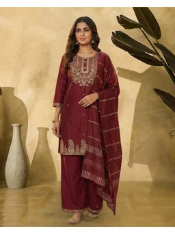 KVS FAB - Maroon Zari Embroidered Kurta With Palazzo And Dupatta