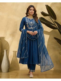 KVS FAB - Blue Zari Thread Embroidered Kurta With Pant And Dupatta