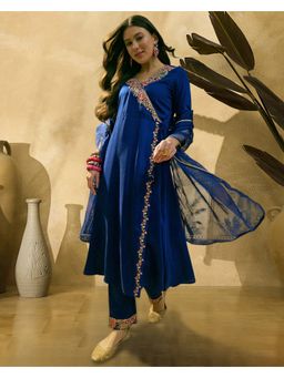 KVS FAB - Blue Silk Blend Embroidered Angarakha Kurta With Pant And Dupatta