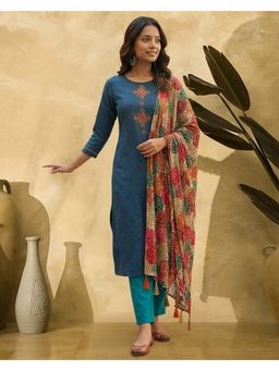 KVS FAB - Women Blue Embroidered Kurta with Pant And Dupatta
