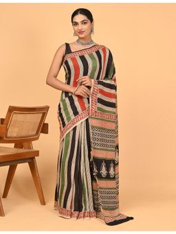 Ushvii - Multicolor Modal Stripes Printed Saree With Unstitched Blouse