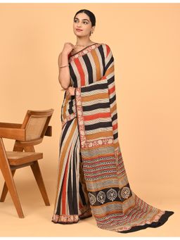 Ushvii - Black Modal Stripes Printed Saree With Unstitched Blouse