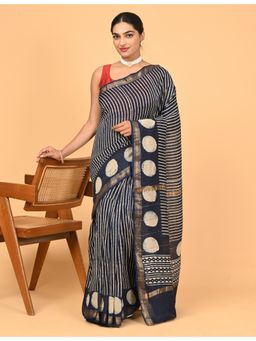 Ushvii - Indigo Cotton Silk Stripes Printed Saree With Unstitched Blouse