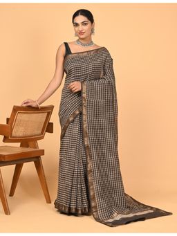 Ushvii - Brown Cotton Silk Checks Printed Saree With Unstitched Blouse