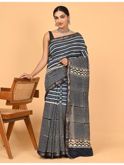 Ushvii - Blue Cotton Silk Stripes Printed Saree With Unstitched Blouse
