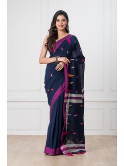 Urrja - Navy Blue Handloom Mul Cotton Tassels Saree With Unstitched Blouse