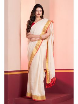 Urrja - Cream Zari Mul Cotton Woven Saree Without Blouse