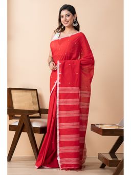 Urrja - Red Handloom Tassels Cotton Saree With Unstitched Blouse