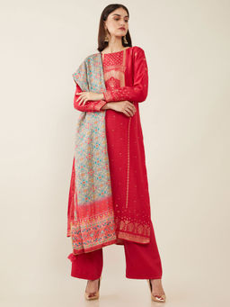 Soch - Magenta Silk Unstitched Dress Material - 3 Meter Kurta Fabric