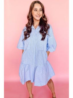 Errabelly - Women Blue Cotton Collar Neck Dress