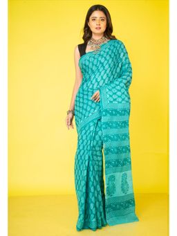 Unnati Silks - Green Pure Block Printed Superfine Mulmul Cotton Saree with Unstitched Blouse