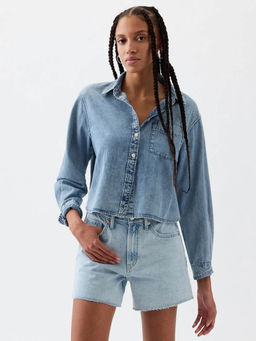 GAP - Womens Long Sleeves Cropped Button-Down Denim Shirt