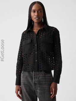 GAP - Womens Regular Fit Spread Collar Cut-Work Shirt
