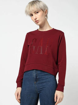 GAP - Womens Round Neck Embellished Maroon Sweatshirt
