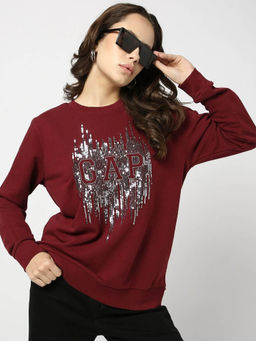 GAP - Womens Round Neck Sequin Maroon Sweatshirt