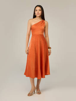 RSVP by Nykaa Fashion - Orange Satin One Shoulder Gathered Bodice Fit & Flare Midi Dress