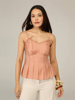 RSVP by Nykaa Fashion - Peach Strappy Lace Trim Pleated Fit & Flare Top