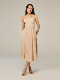 RSVP by Nykaa Fashion - Beige Satin One Shoulder Gathered Bodice Fit & Flare Midi Dress