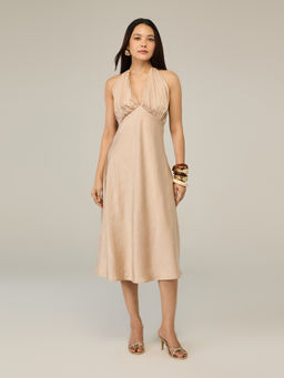 RSVP by Nykaa Fashion - Beige Satin Halter Neck Pleated Fit & Flare Midi Dress