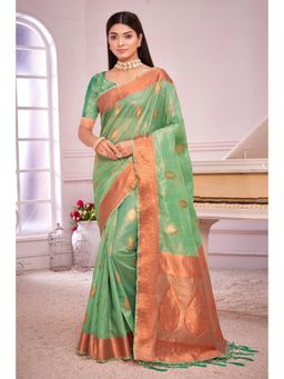 Sangam Prints - Sea Green Organza Woven Zari Work Traditional Tassel Saree with Unstitched Blouse
