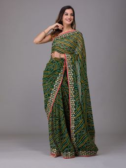 Koskii - Bottle Green Printed Georgette Designer Saree With Unstitched Blouse