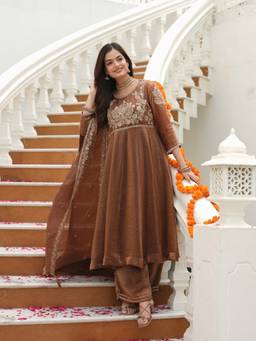 Colors Of Earth - Women Brown Embroidered Silk Anarkali Kurta with Pant and Dupatta