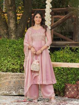 Colors Of Earth - Women Pink Embroidered Silk Anarkali Kurta with Pant and Dupatta
