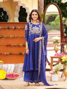 Colors Of Earth - Women Blue Embroidered Anarkali Kurta with Pant and Dupatta