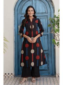 Kohsh - Black Womens Cotton Printed and Threadwork A-line Kurta with Palazzo