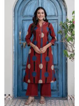 Kohsh - Maroon Womens Cotton Printed Kurta with Palazzo